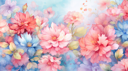 Beautiful arrangement of flowers in soft pastel colors. Rich and artistic floral pattern. Watercolor background.