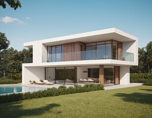 A modern, minimalist two-story house with a flat roof, large glass windows, and a spacious wooden deck leading to a serene pool, surrounded by greenery. Ai generated image.