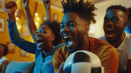 Fototapeta premium Three people are watching a soccer game and are very excited