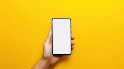 Hand Holding Smartphone with White Screen Against Yellow Background