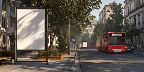 Obraz premium In urban settings with clear placeholder frames, there is an empty white box on a city bus stop, a blank vertical billboard near a paved road with a red touristic bus, and an empty white information