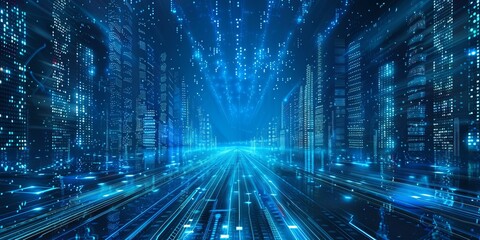 Buildings in a matrix style; binary cities of blue light; abstract technology background
