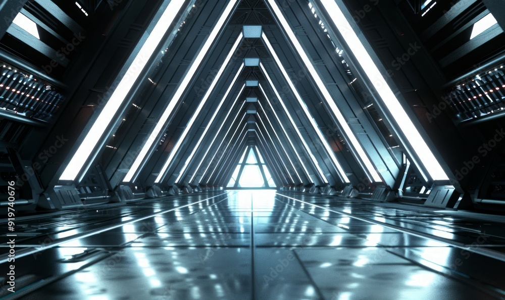 Poster this 3d rendering shows a futuristic triangle spaceship corridor with an abstract dark theme