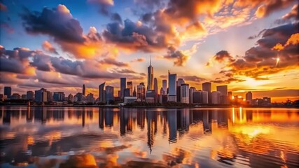 Fototapeta premium City Skyline Reflected in Water at Sunset