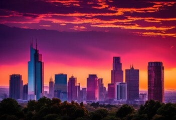 dynamic urban skyline distinctive building silhouettes vibrant sunset, architecture, buildings, city, landscape, horizon, colorful, modern, design