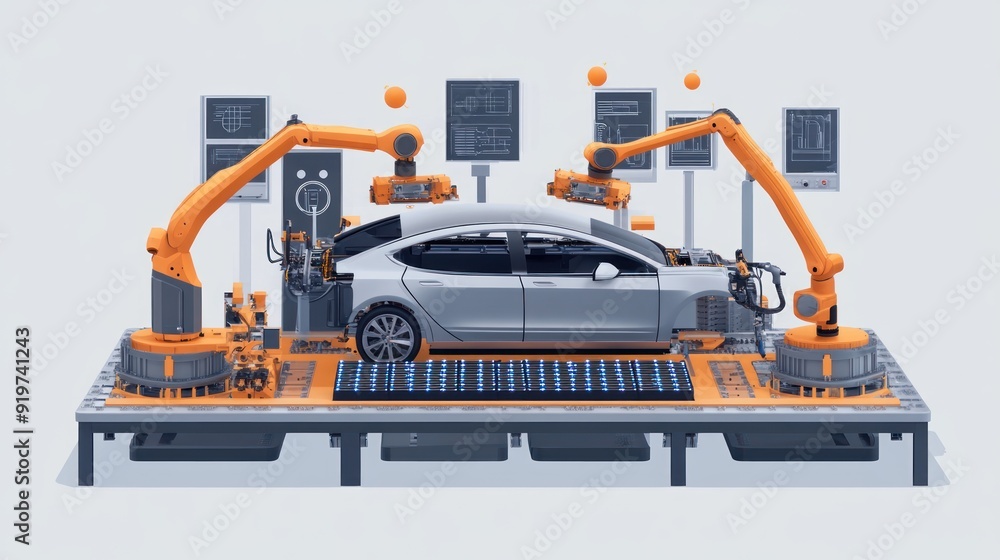 Poster robotic arms assembling a car in a factory