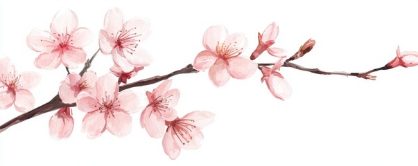 Delicate pink cherry blossoms on a slender branch, capturing the essence of spring and renewal in soft, beautiful detail.