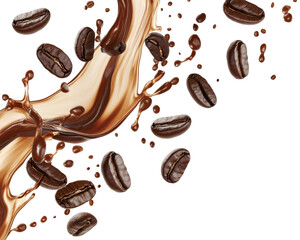 Floating coffee beans with coffee splash, isolated on transparent PNG, for branding, marketing, packaging design