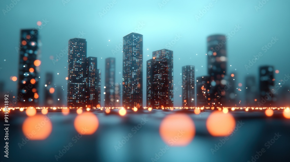 Poster a cityscape with buildings connected by data streams, representing the accessibility and reach of sa