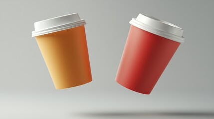 Two Paper Coffee Cups with White Lids Floating in Mid-Air