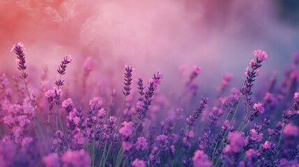 Obraz premium Fragrant smoke, lavender in bloom, lavender field with pink purple flowers and grass. The generation of AI