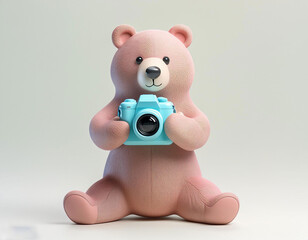 pastel color full view baby bear holding camera on-white background