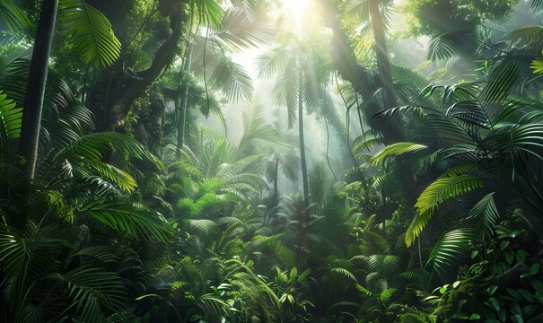 Dense rainforest teeming with wildlife