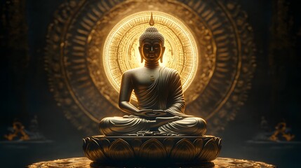 Buddha statue with mandala background, glowing light effect on dark brown color background, high resolution photography