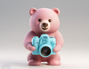 pastel color full view baby bear holding camera on-white background
