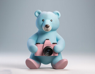 pastel color full view baby bear holding camera on-white background