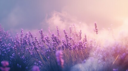 Fototapeta premium Fragrant smoke, lavender in bloom, lavender field with pink purple flowers and grass. The generation of AI