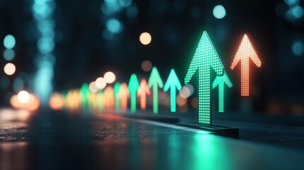 A digital display showcasing a stock ticker with green arrows indicating upward price movements.