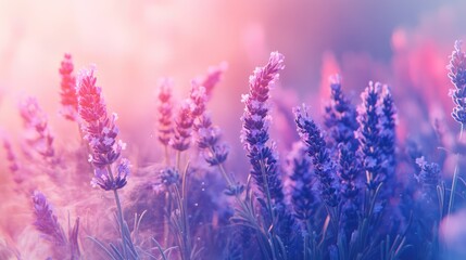 Obraz premium Fragrant smoke, lavender in bloom, lavender field with pink purple flowers and grass. The generation of AI