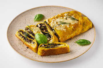 Delicious Homemade Omelette: Fresh Ingredients with Cheese, Mushrooms, and Vegetables