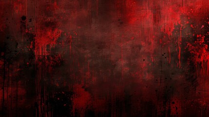 A dark, grunge-style background with splatters of red, blood-like textures