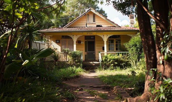old Queenslander style house in Brisbane suburbs with an overgrown garden on a sunny day