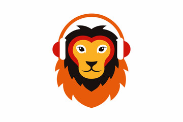 Lion in headphones logo vector design on white background