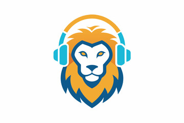 Lion in headphones logo vector design on white background