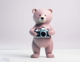 pastel color full view baby bear holding camera on-white background