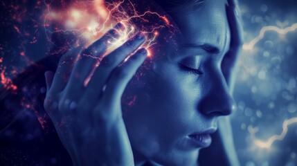 Fototapeta premium A person with hand on their forehead and the other on the side of their head