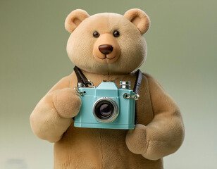 pastel color full view baby bear holding camera on-white background