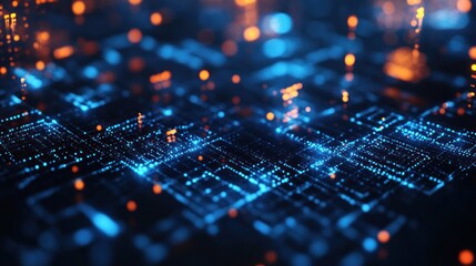 Abstract Digital Circuitry with Glowing Blue and Orange Lights