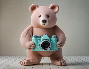 pastel color full view baby bear holding camera on-white background