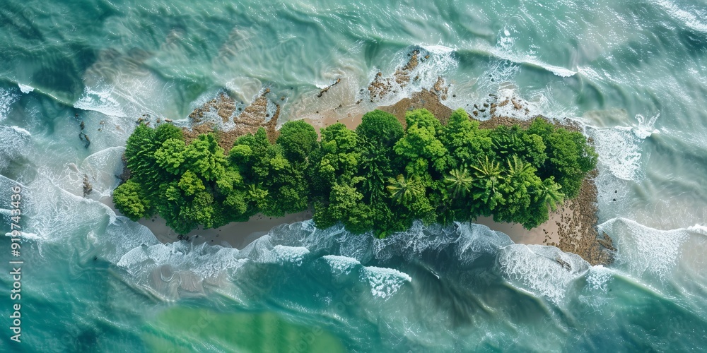 Wall mural illustration drone view of green island with lush trees located in rippling sea water with foamy wav