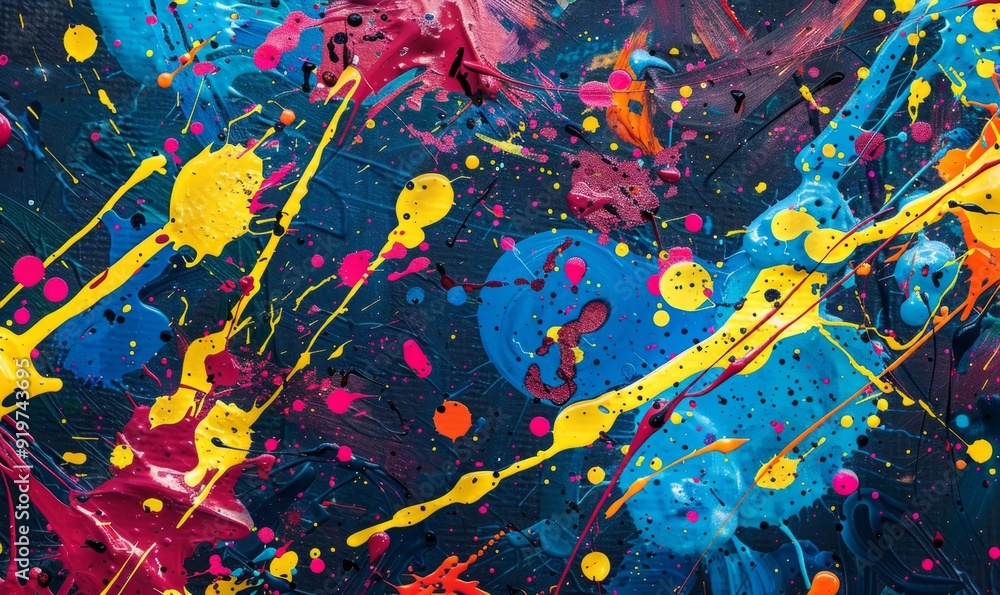 Poster splattered paint creating dynamic patterns on canvas