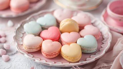 Obraz premium Close-up of a box of heart-shaped macarons in pastel colors, arranged beautifully on a delicate plate