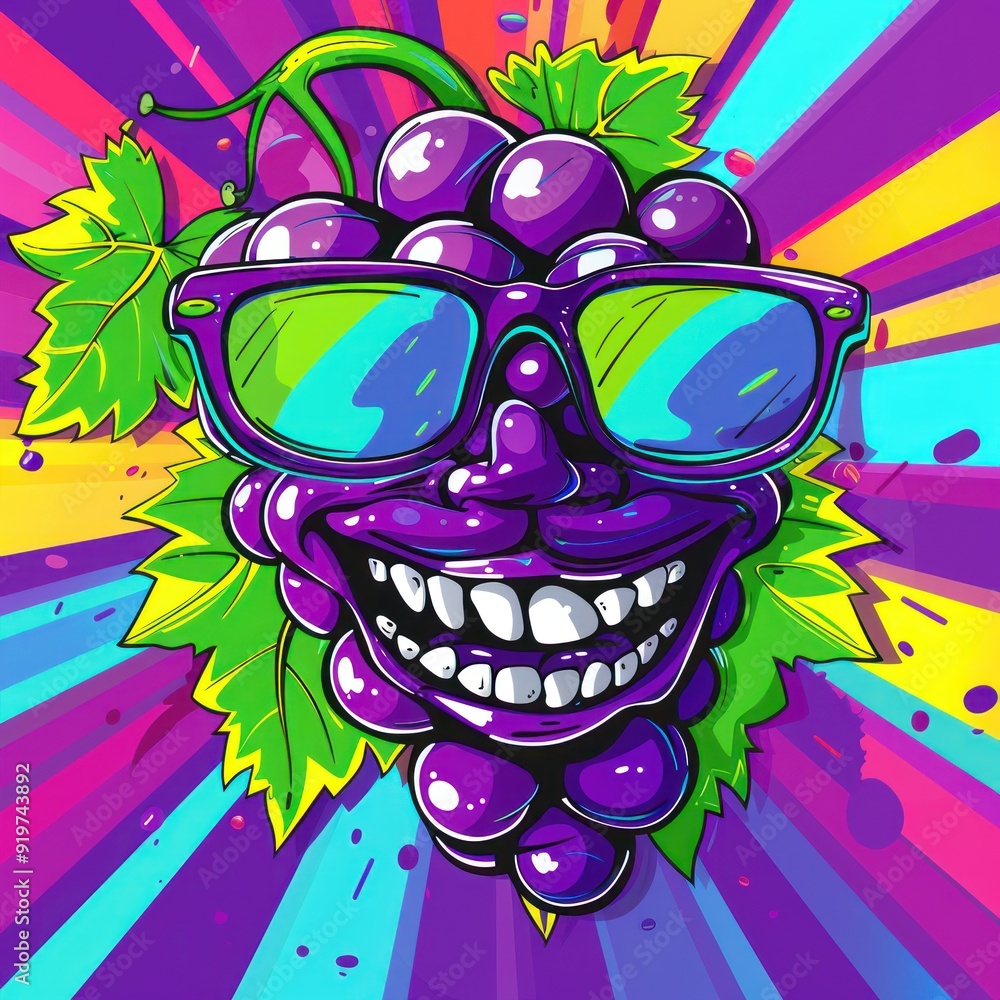 Poster A cartoon grape with sunglasses and a toothy grin against a colorful striped background.