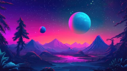 Obraz premium Horizontal illustration of future landscape with mountains, planets, trees, moon. Surrealist concept of escape. The generation of AI