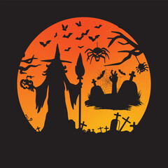 Halloween retro sunset t shirt design,  Halloween T-Shirt Design with Retro Sunset, Hand Drawn Lettering Phrase, Isolated on White, Calligraphy Graphic Design, Hand Written Vector Sign, SVG Format