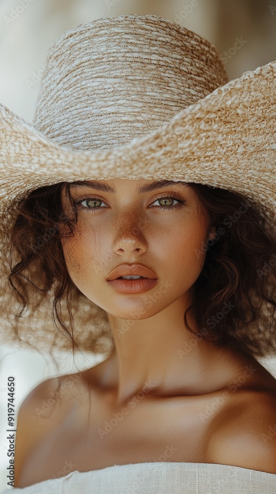 Wall mural close-up of a woman wearing a large straw hat in bright natural light outdoors