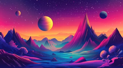 Horizontal illustration of future landscape with mountains, planets, trees, moon. Surrealist concept of escape. The generation of AI