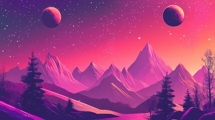 Fototapeta premium Horizontal illustration of future landscape with mountains, planets, trees, moon. Surrealist concept of escape. The generation of AI