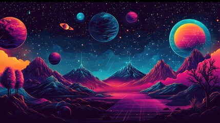 Fototapeta premium Horizontal illustration of future landscape with mountains, planets, trees, moon. Surrealist concept of escape. The generation of AI