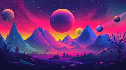 Fototapeta premium Horizontal illustration of future landscape with mountains, planets, trees, moon. Surrealist concept of escape. The generation of AI