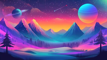 Horizontal illustration of future landscape with mountains, planets, trees, moon. Surrealist concept of escape. The generation of AI
