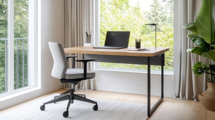 a desk with laptop and plant