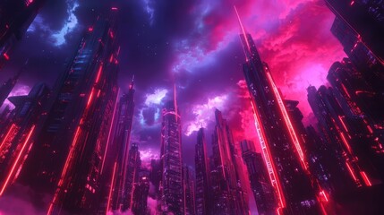 Fototapeta premium Big city night scene in cyberpunk style, futuristic nostalgia 80s, 90s. Neon lights vivid colors, photorealistic horizontal illustration. The generation of AI