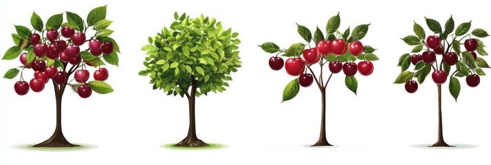 Naklejka premium Four cherry trees with red cherries and green leaves.