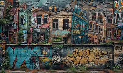 Fototapeta premium Colorful graffiti of a cityscape blending into urban surroundings
