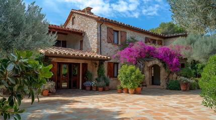 4. Mediterranean villa with terracotta roof tiles, a spacious courtyard, olive trees, and blooming bougainvillea